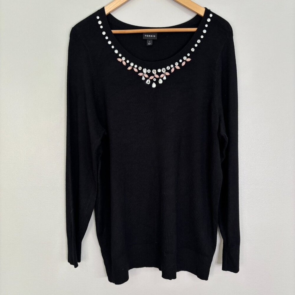 Torrid Sweater 1X Black Rhinestone Embellished Long‎ Sleeve Pullover Women's